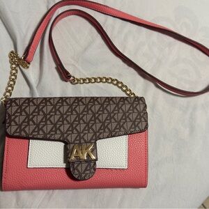 Anne Klein AK Crossbody Bag Brown Color Block Pattern On Fabric.White Leather